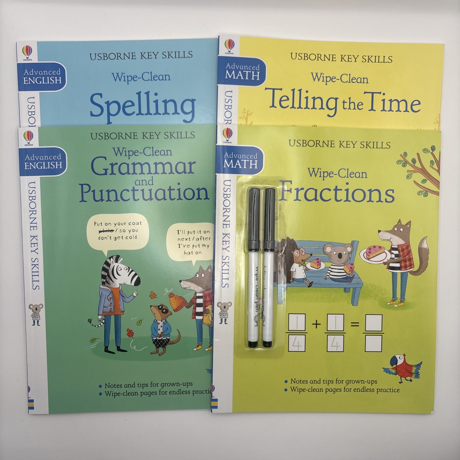 Usborne Key Skills Wipe-Clean Book Lot of 4 Time Spelling Grammar Fractions