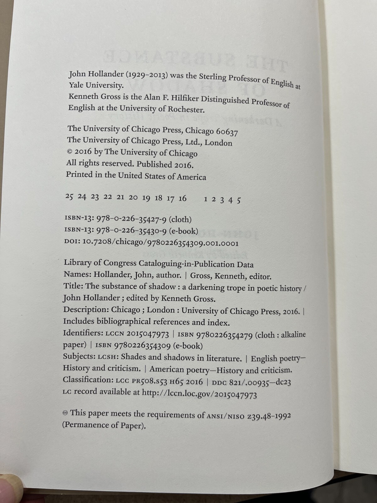 The Substance of Shadow: A Darkening Trope in Poetic History, Hollander, John, G