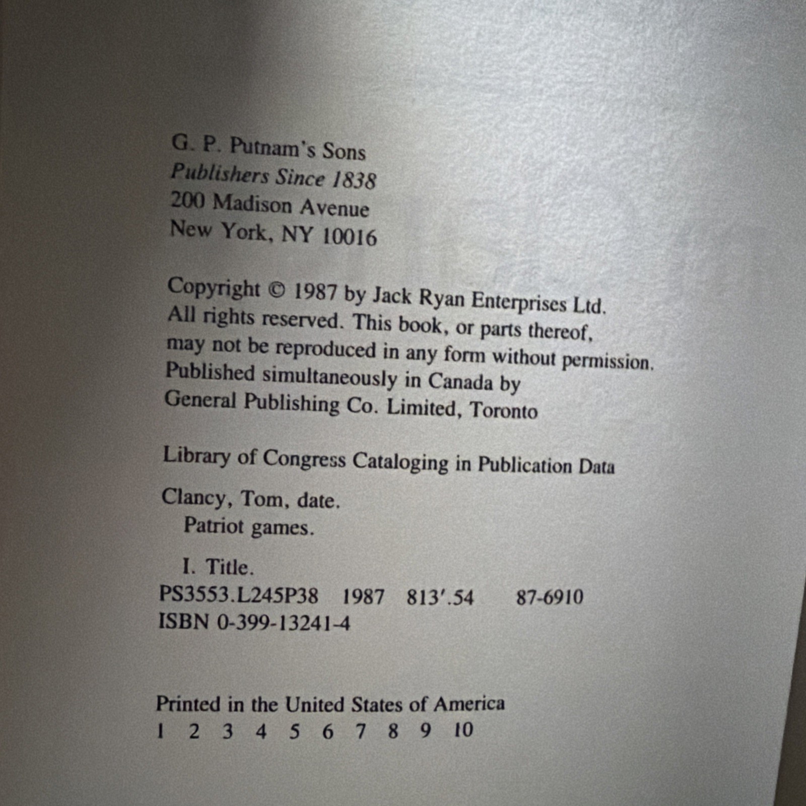 PATRIOT GAMES Tom Clancy Hardcover 1987 TRUE FIRST EDITION FIRST PRINTING 1st Ed