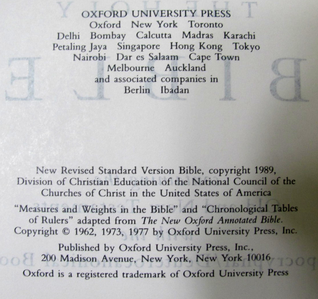 The Holy Bible, New Revised Standard Version, 1989 Oxford University Press HC