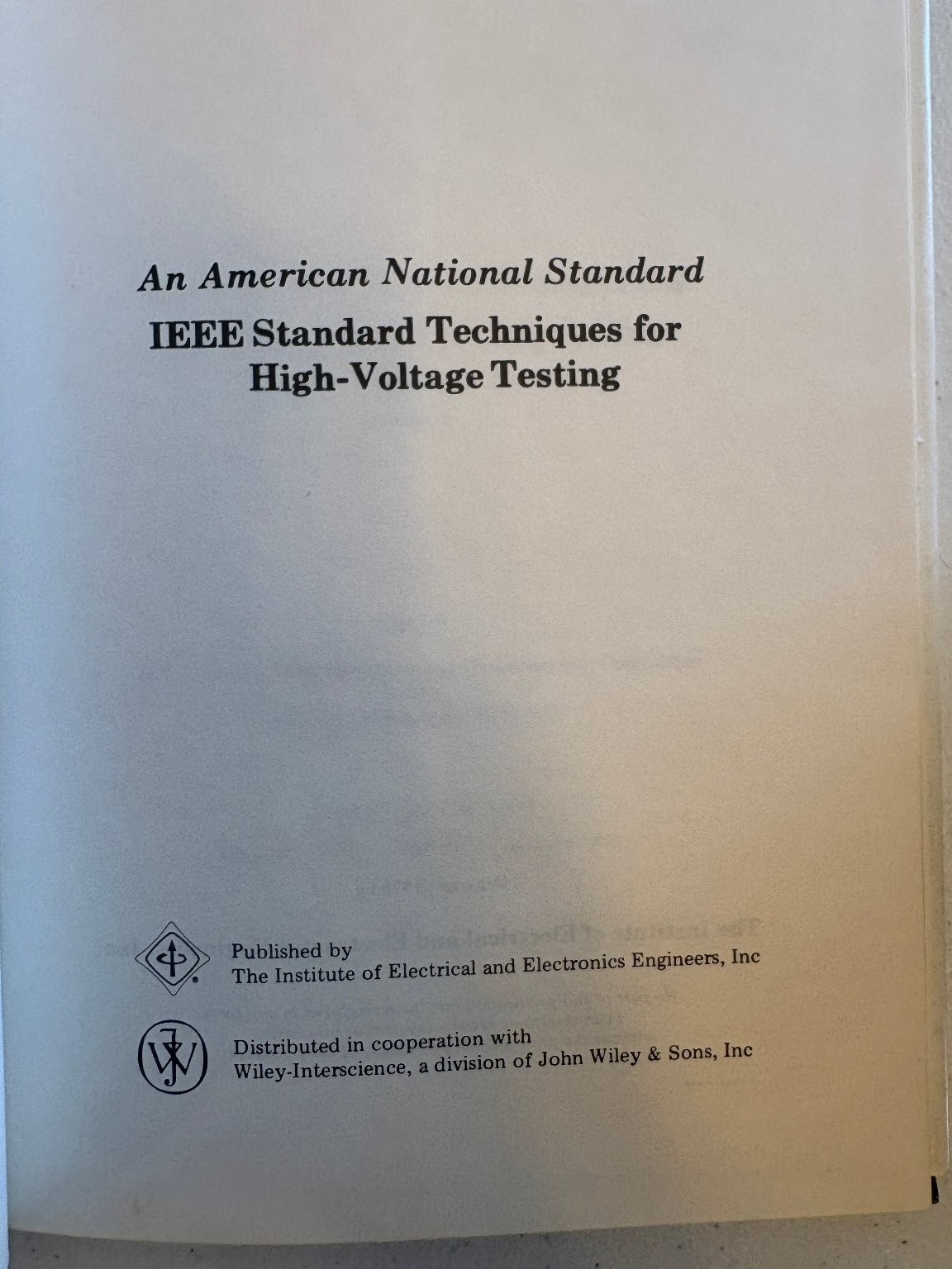 IEEE Standard Techniques for High Voltage Testing 1978 Sixth Edition Hardcover