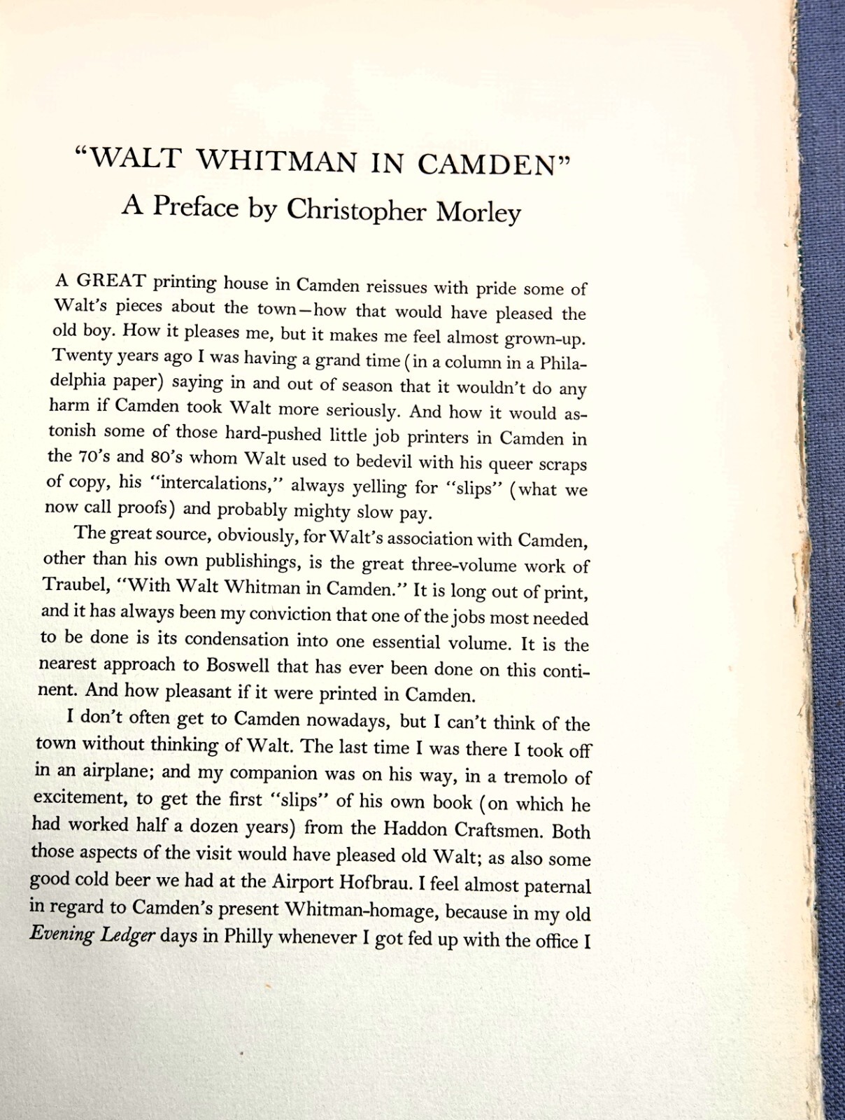 WALT WHITMAN IN CAMDEN PREFACE BY CHRISTOPHER MORLEY 1938 HC LE OF 1100.