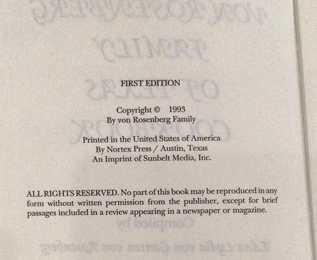 Von Rosenberg Family of Texas 1993 COOKBOOK hardback 297 pages