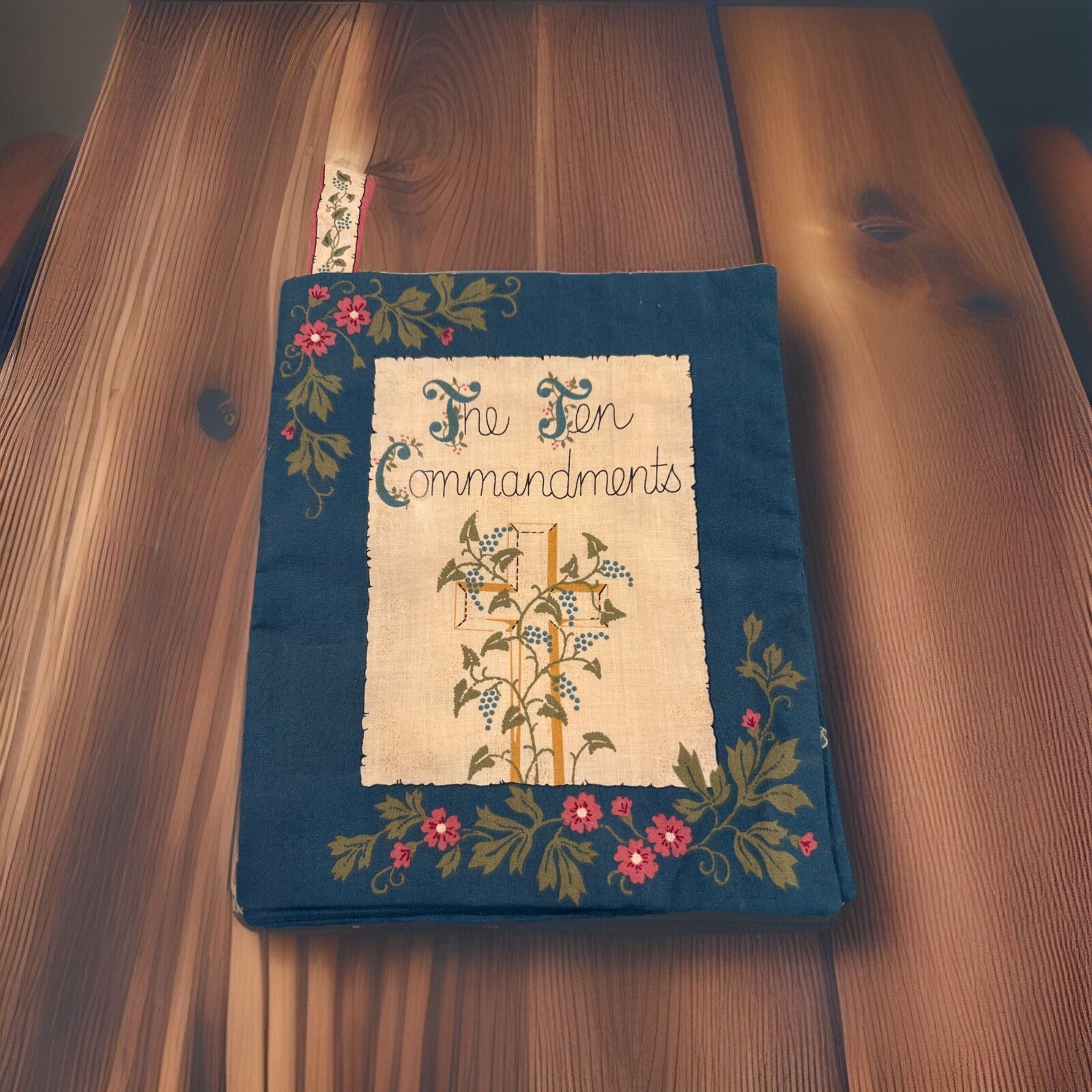 Vintage Cloth -Quilted 10 Commandments Book with Bookmark! 10 1/2 Inches Long