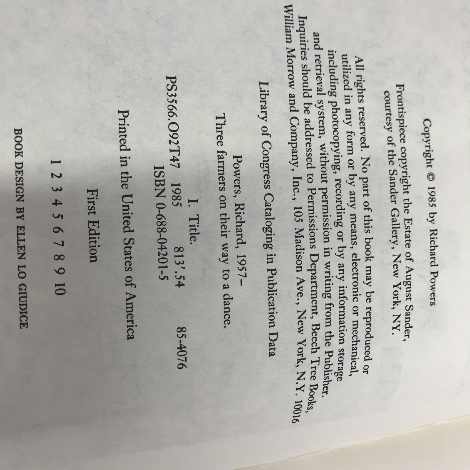 THREE FARMERS ON THEIR WAY TO A DANCE – Of RICHARD POWERS-1st Edition ,1985.#149