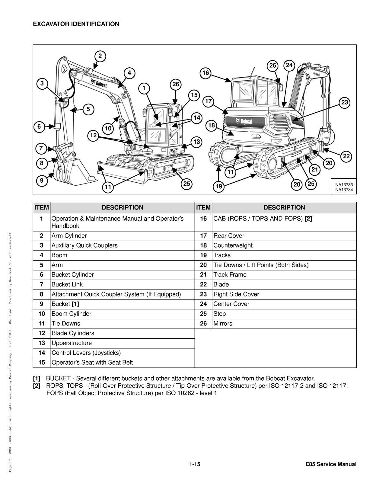 BOBCAT E85 Excavator Service Manual SN B48411001 Up, BIND, FRONT & BACK, FOLDOUT