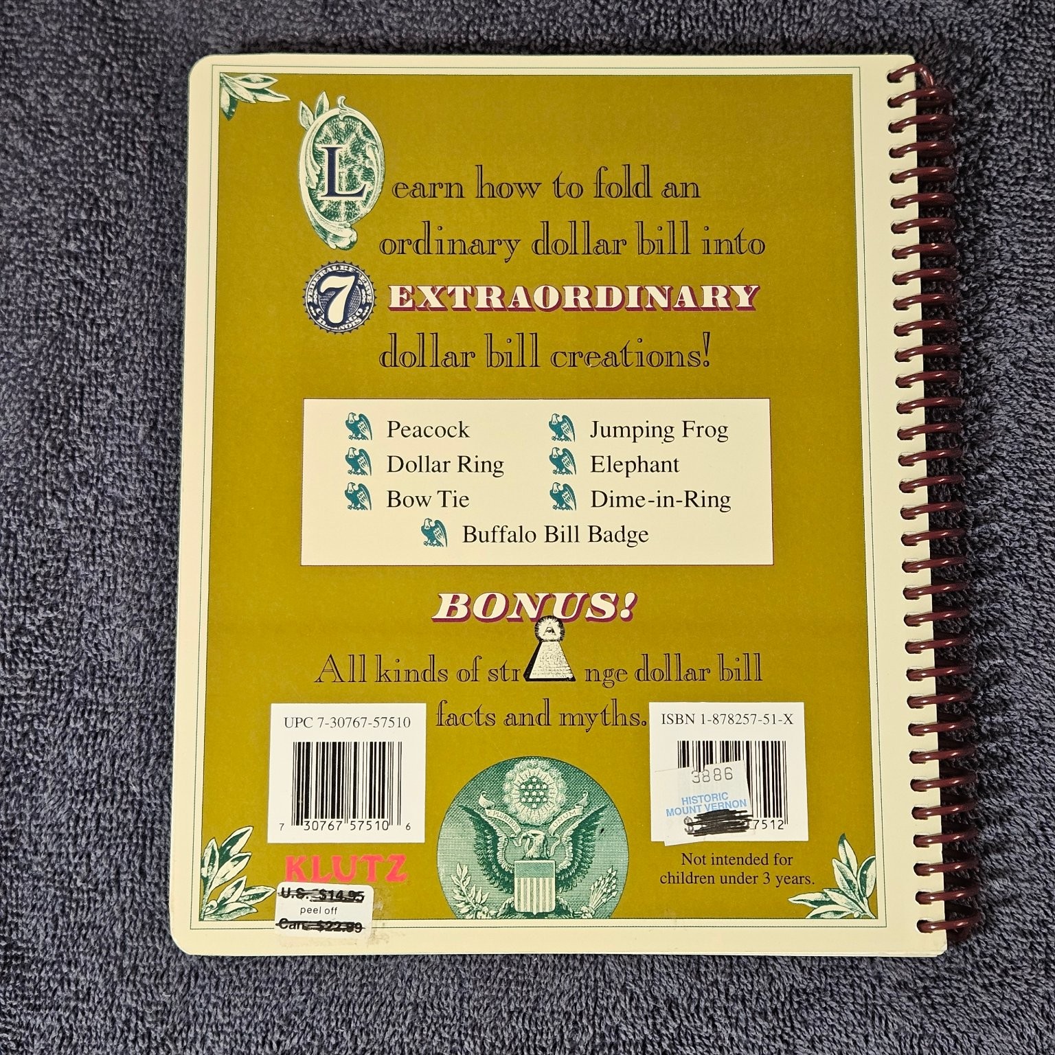 The Buck Book Anne Akers Johnson 1993 Klutz Dollar Bill Origami Craft Activity