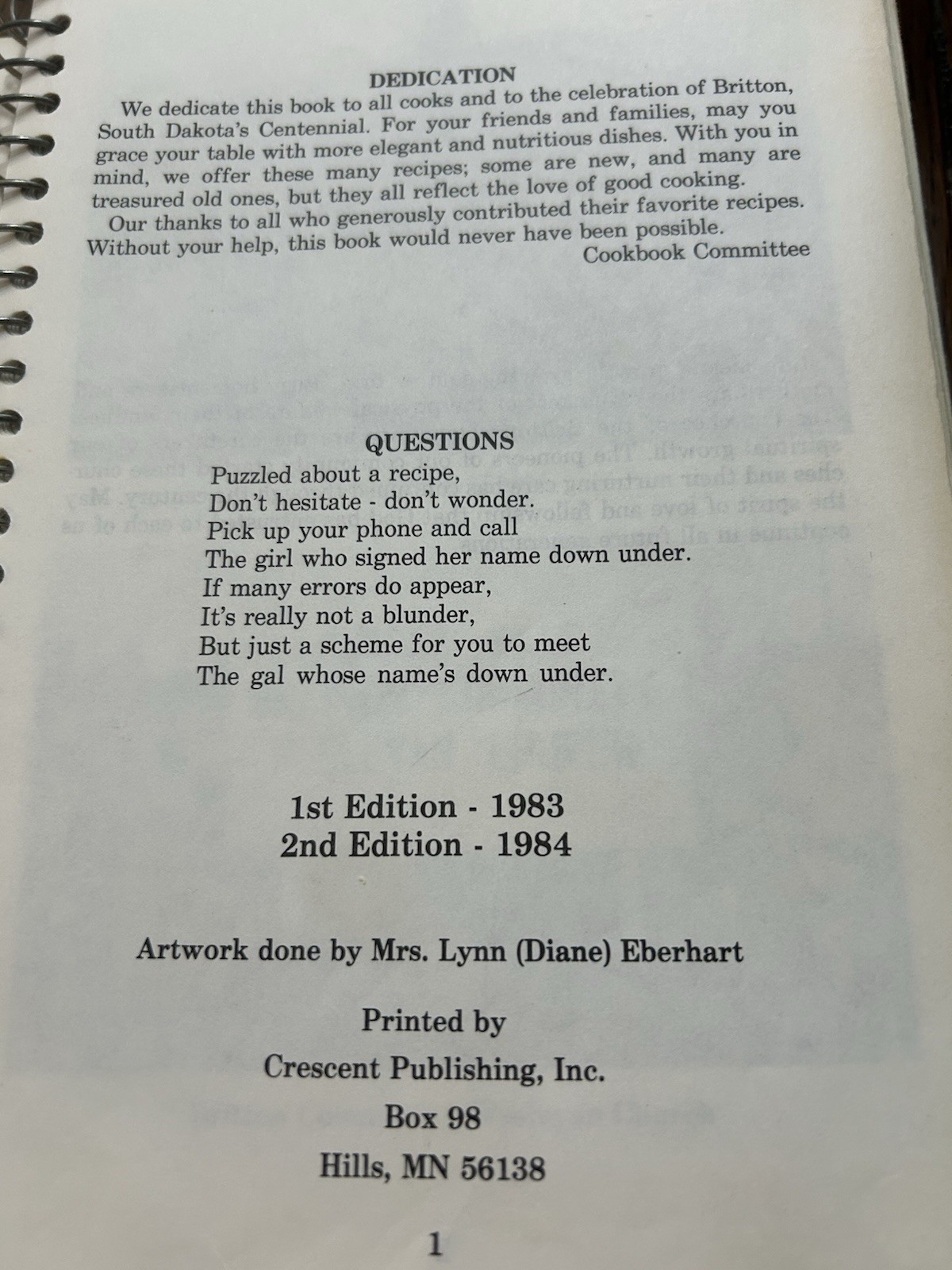 Britton, South Dakota, Cetennial Cookbook, 1884-1984, 271 Pages, Soft Cover