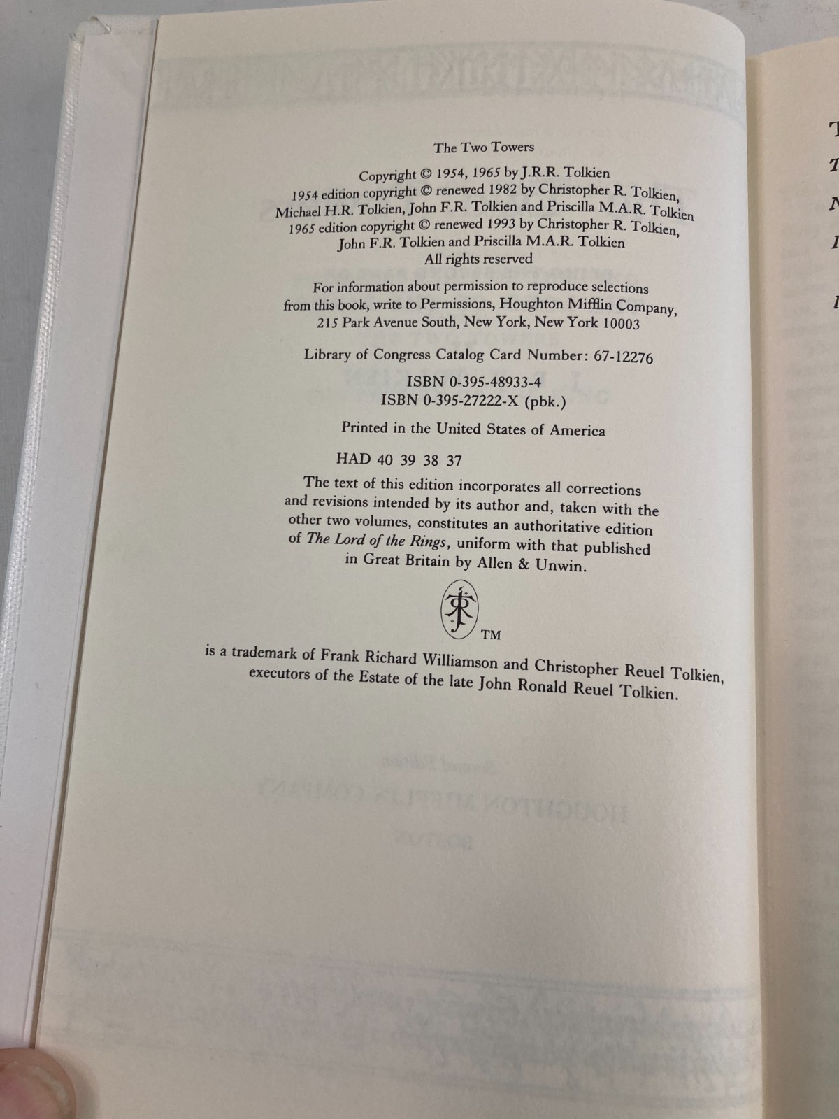 Tolkien’s LOTR 3 vol 1993 Houghton Mifflin Edition Later Prints HC/DJ EX-LIB GC