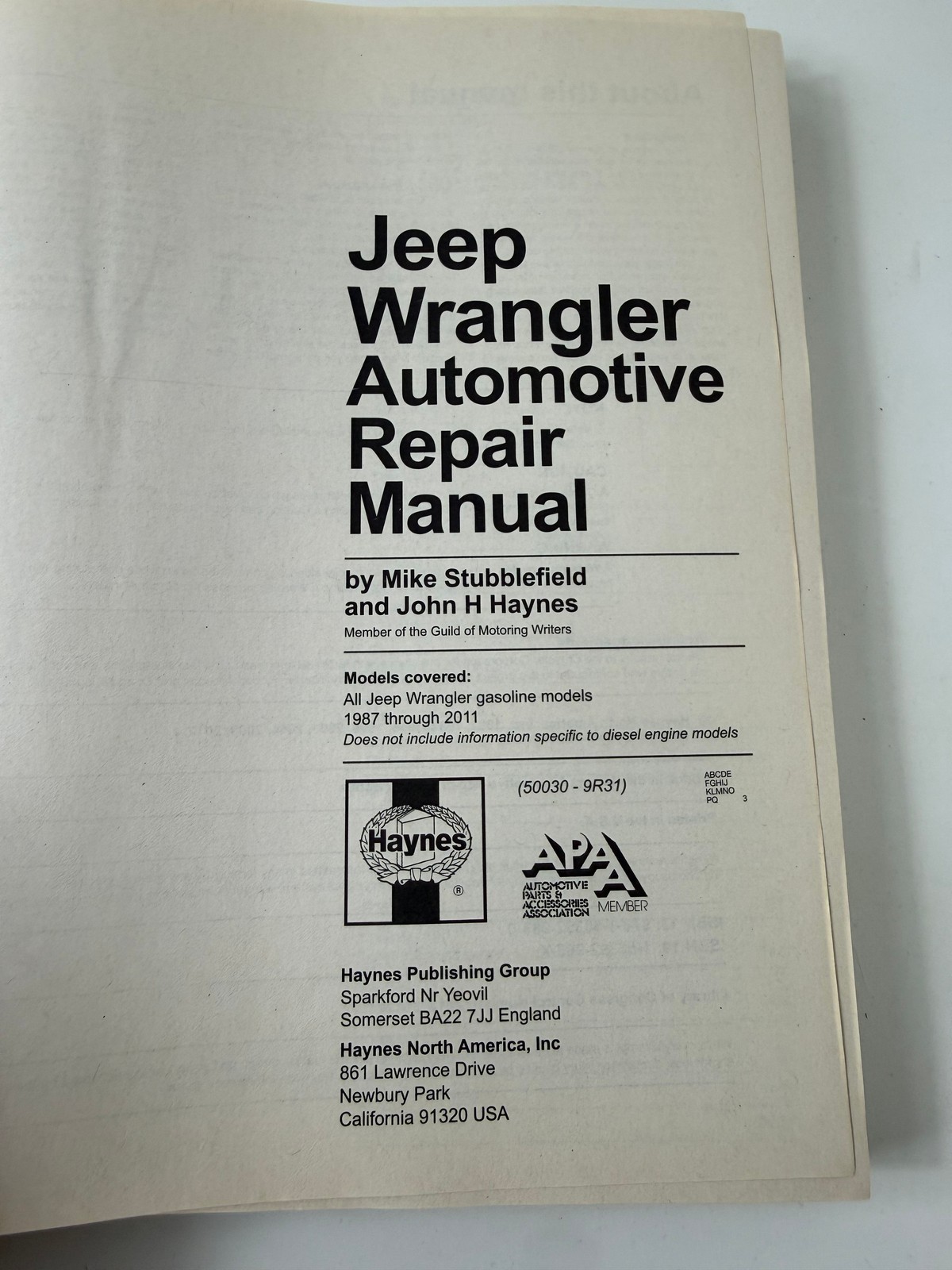 Haynes Jeep Wrangler Repair Manual 1987 thru 2011 All Gasoline Models Automotive