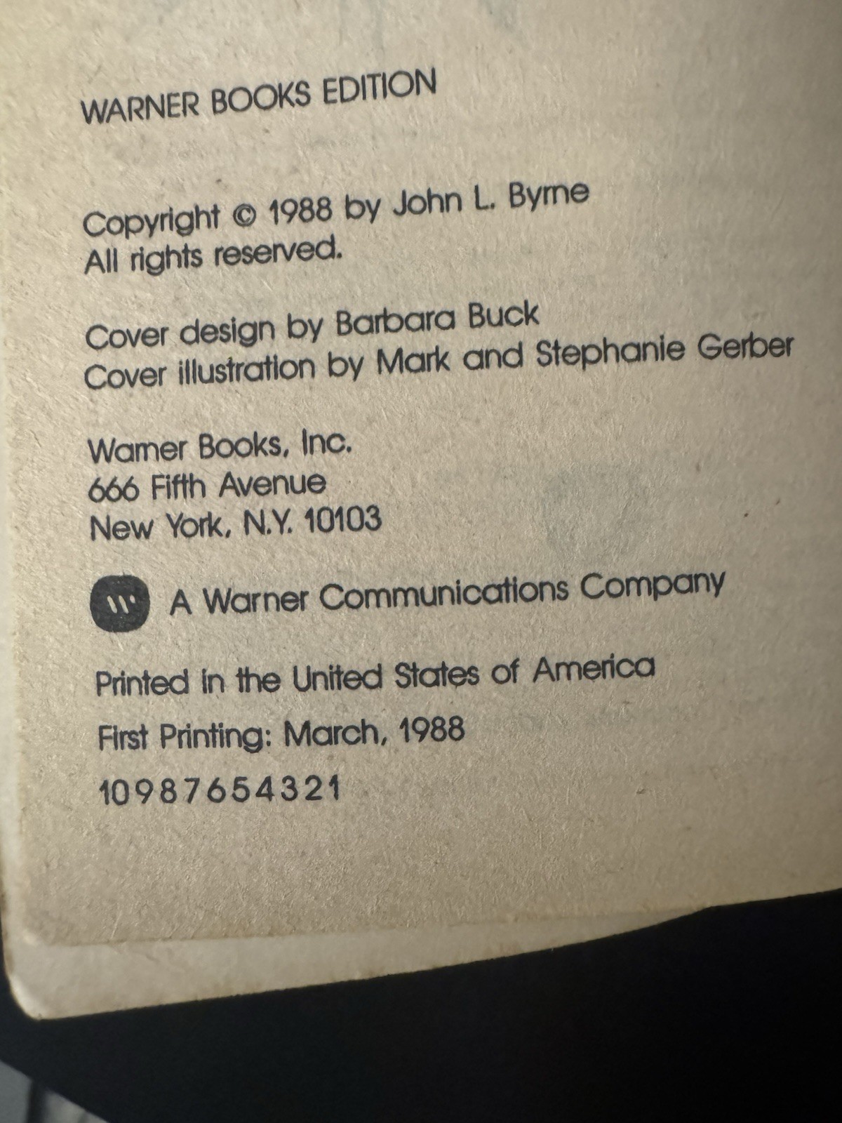 Fear Book by John L. Byrne. First Warner Books Printing (1988, Mass Market)