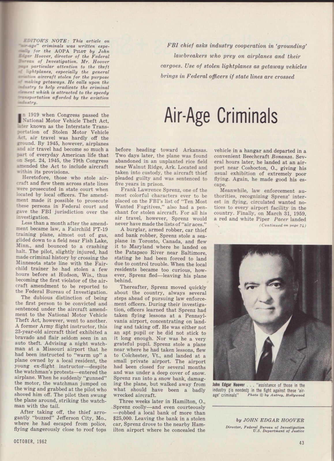 The AOPA Pilot Magazine – October 1962. J. Edgar Hoover. F.B.I.