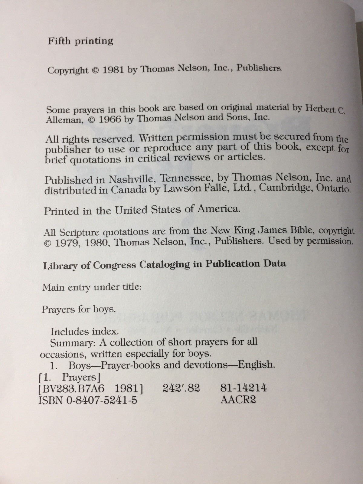 “PRAYERS FOR BOYS” BOOK – 123 PAGES – 1981 – Pocket Size