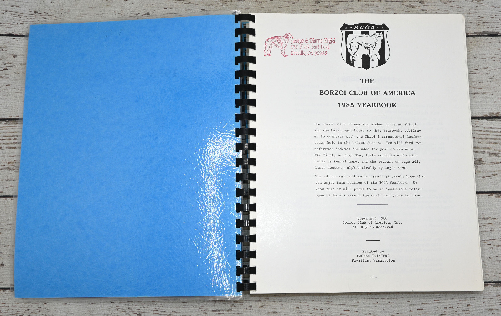 Borzoi Club Of America 1985 Yearbook BCOA Vintage Sprial Bound