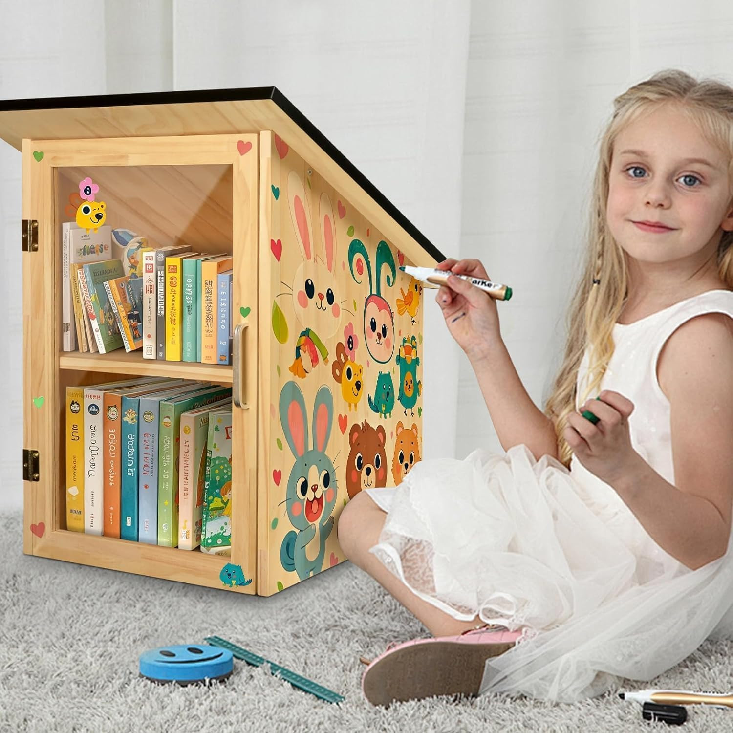 Outdoor Library Book Box, Double Little Library for Sharing Books, DIY Storage W