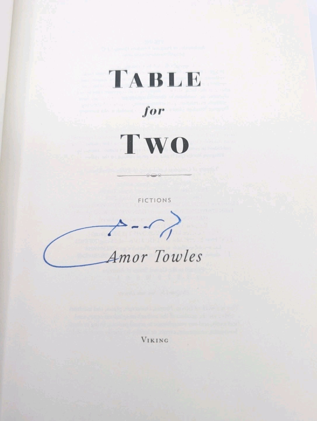 Table for Two Fictions Amor Towles Signed First Edition Short Stories Hardcover