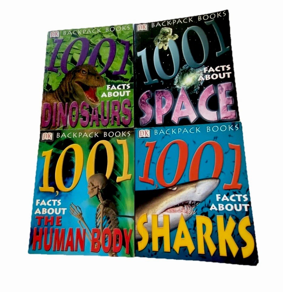 Lot of 4 Backpack Books 1001 Facts about Space, Human Body, Sharks, Dinosaurs