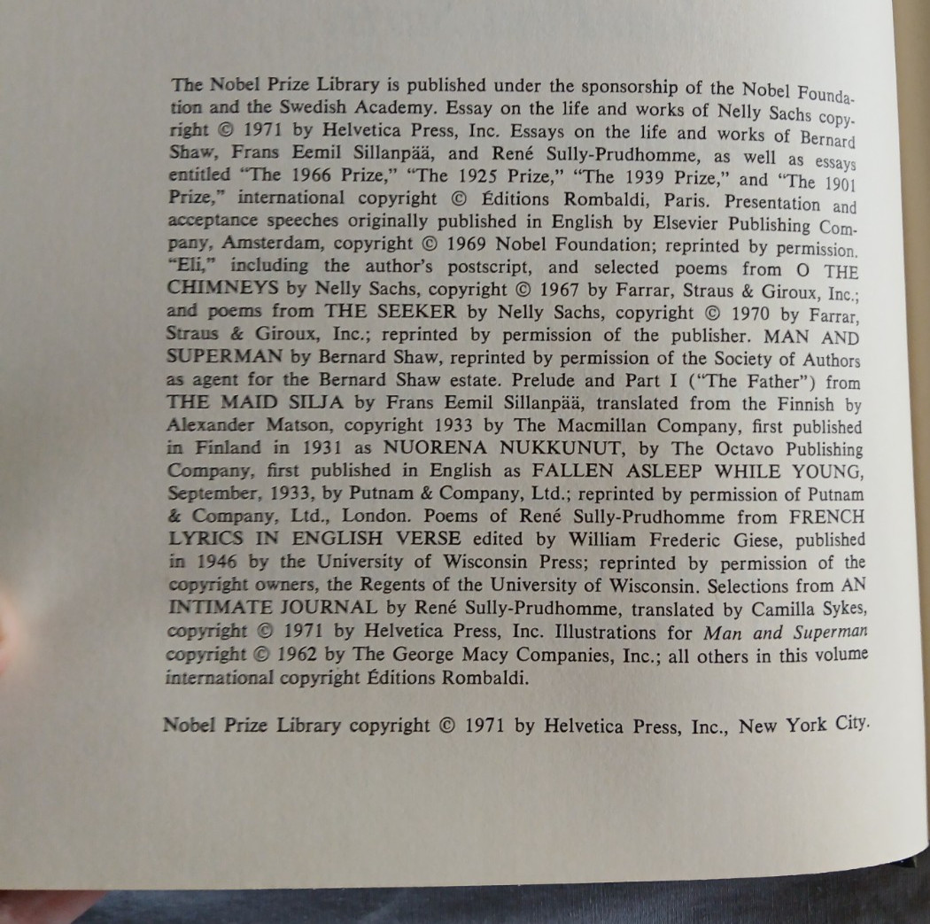 Nobel Prize Library 1971 Sachs Shaw Sillanpää Prudhomme Hardcover Green Gold…