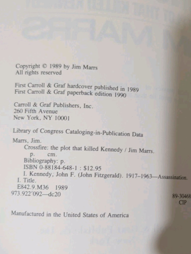 Crossfire: The Plot That Killed Kennedy Jim Marrs (1989) First Thus Printing