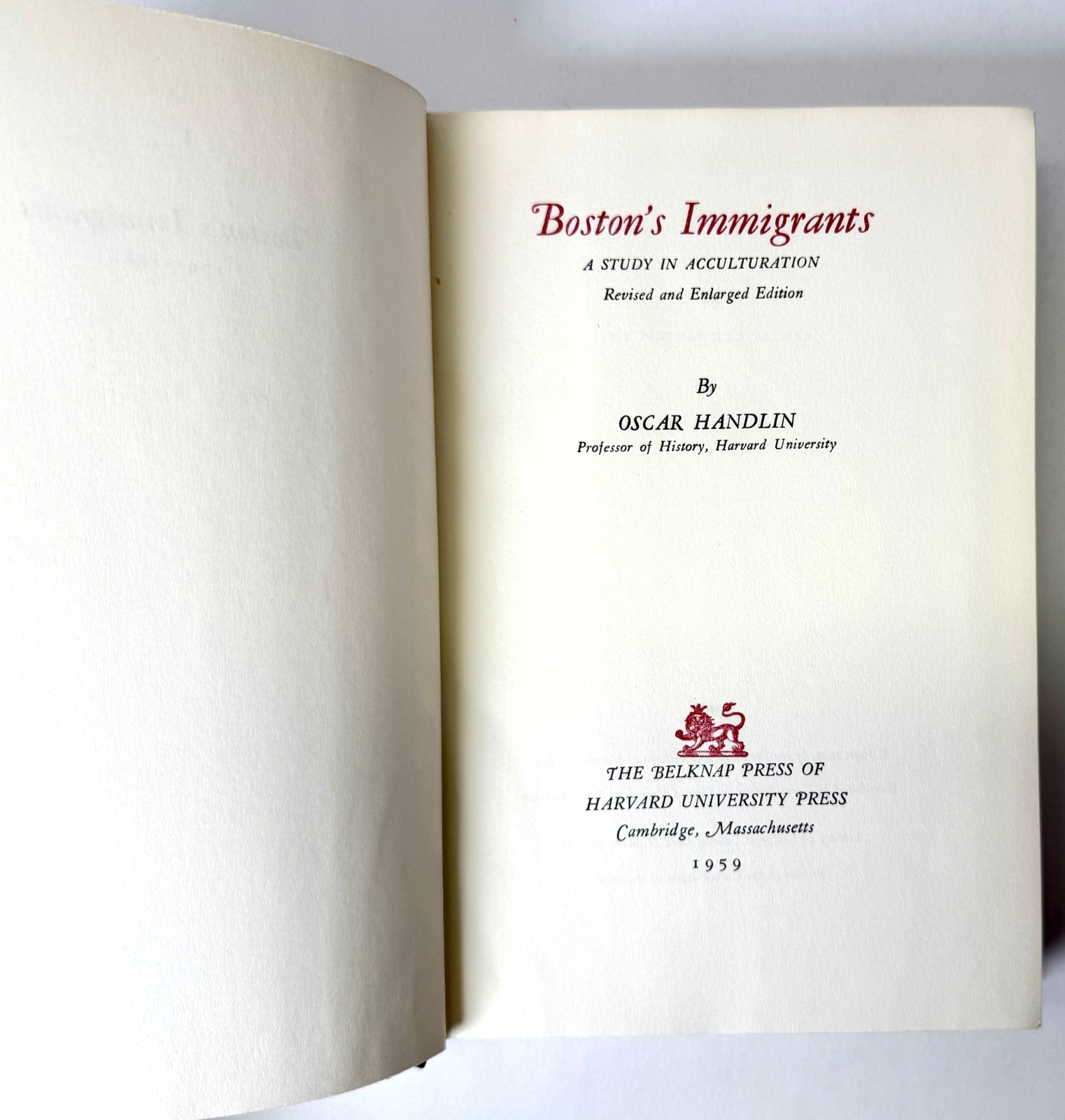 Boston’s Immigrants, Oscar Handlin, 1959 HCDJ in Mylar, Near fine
