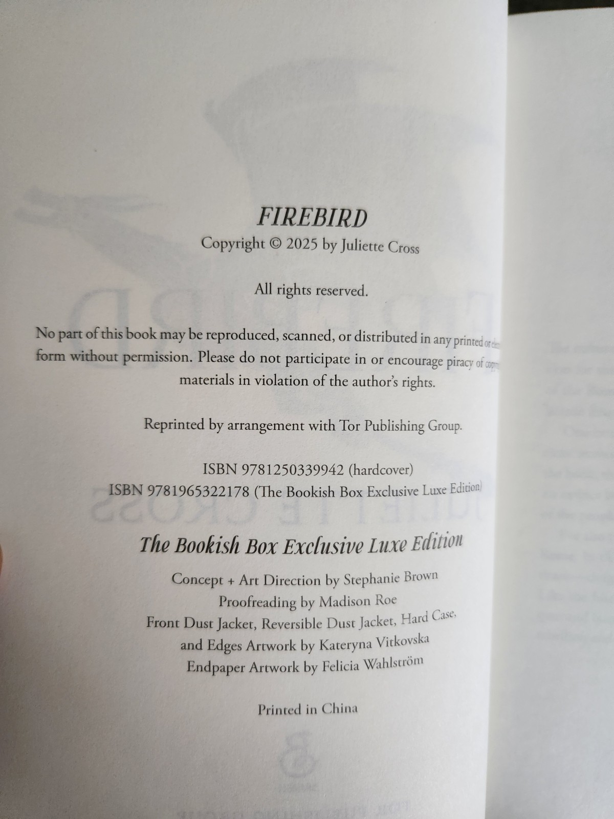 Juliette Cross Firebird 2025 Signed Bookish Box Exclusive Deluxe HC Edition