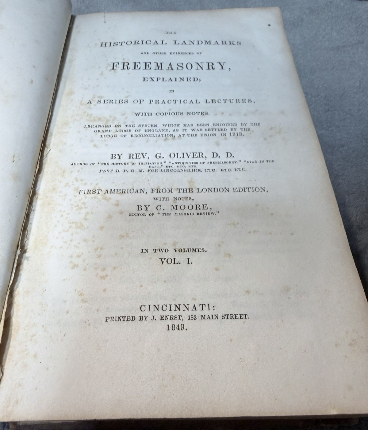 1849 Historical Landmarks of Freemasonry Rev G Oliver 1st American Ed HC Rare!!