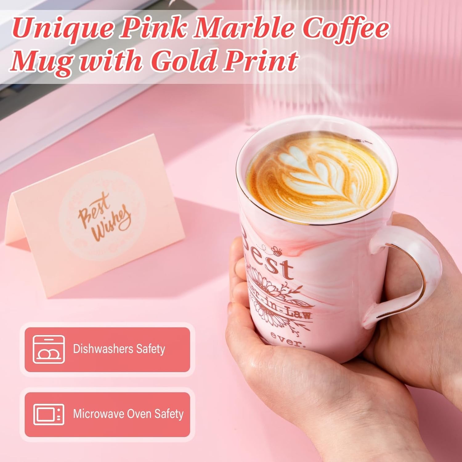 Thoughtful Mother-in-Law Gift: 14oz Pink Marble Mug with Elegant Gold Accents