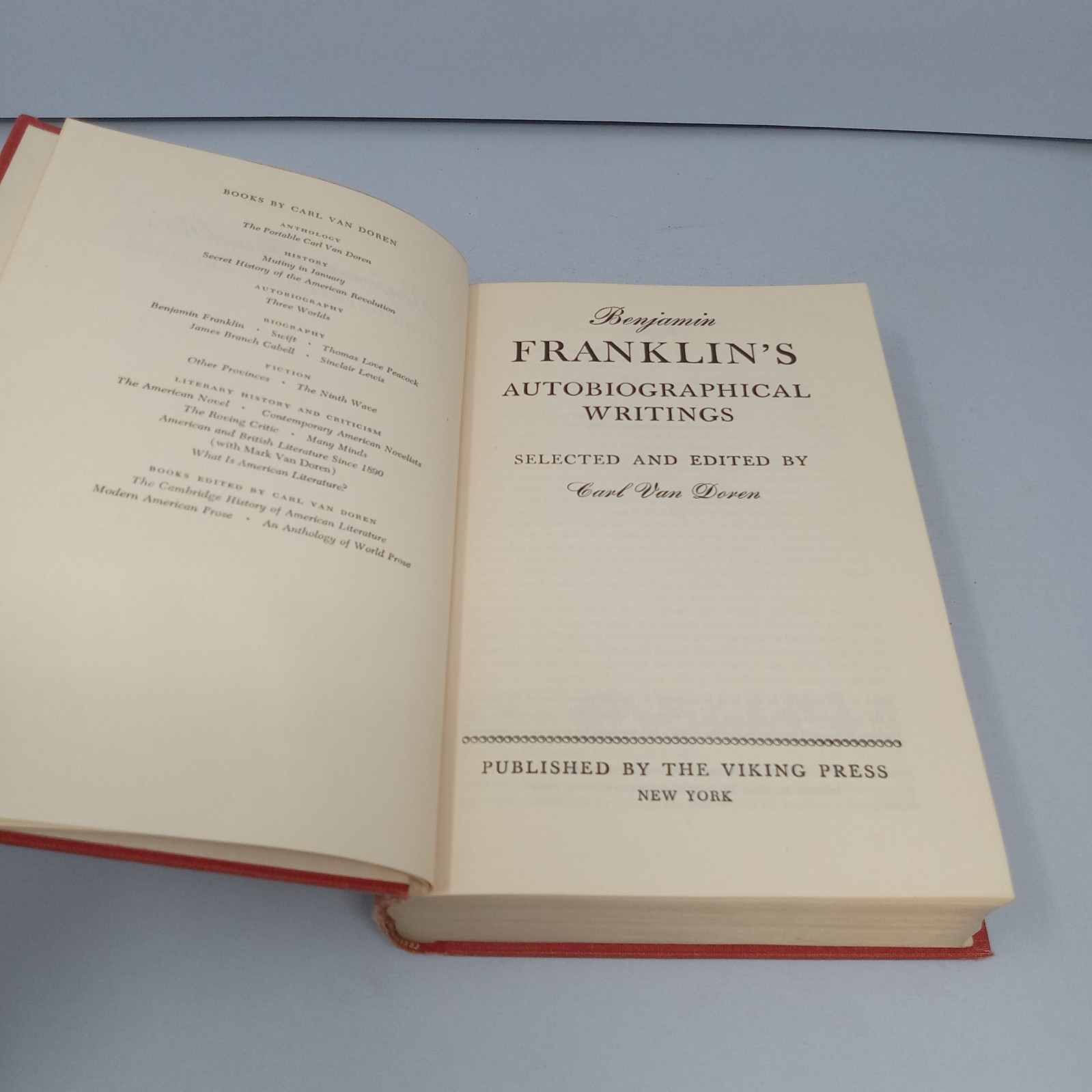 Benjamin Franklins Autobiographical Writings 1952 Viking Press HC Carl Van Doren