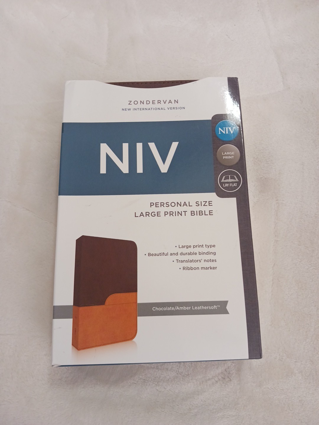 NIV Bible Large Print Lays Flat DuoTone Chocolate/Amber Leathersoft Brand New