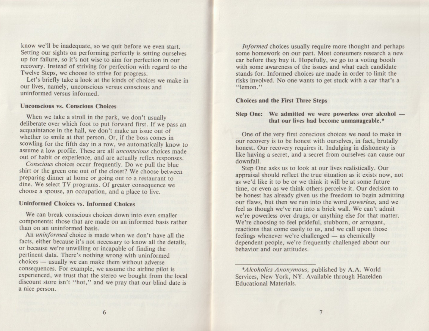 Choices by Mary M., Hazelden booklet, 1984 Alcoholics Anonymous, 17 pages, clean