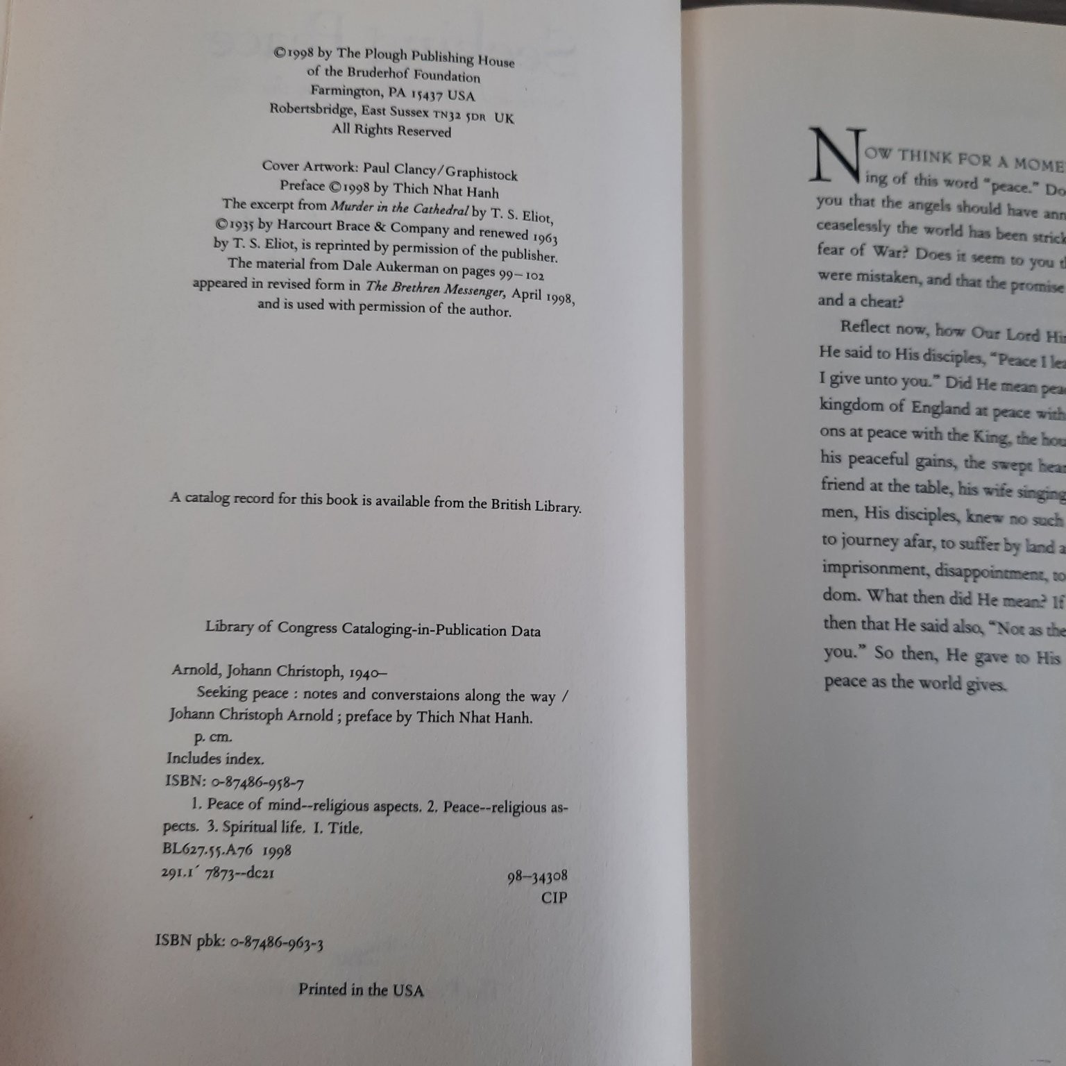 Seeking Peace Johann Christoph Arnold 1998 Spirituality Plough Publishing House