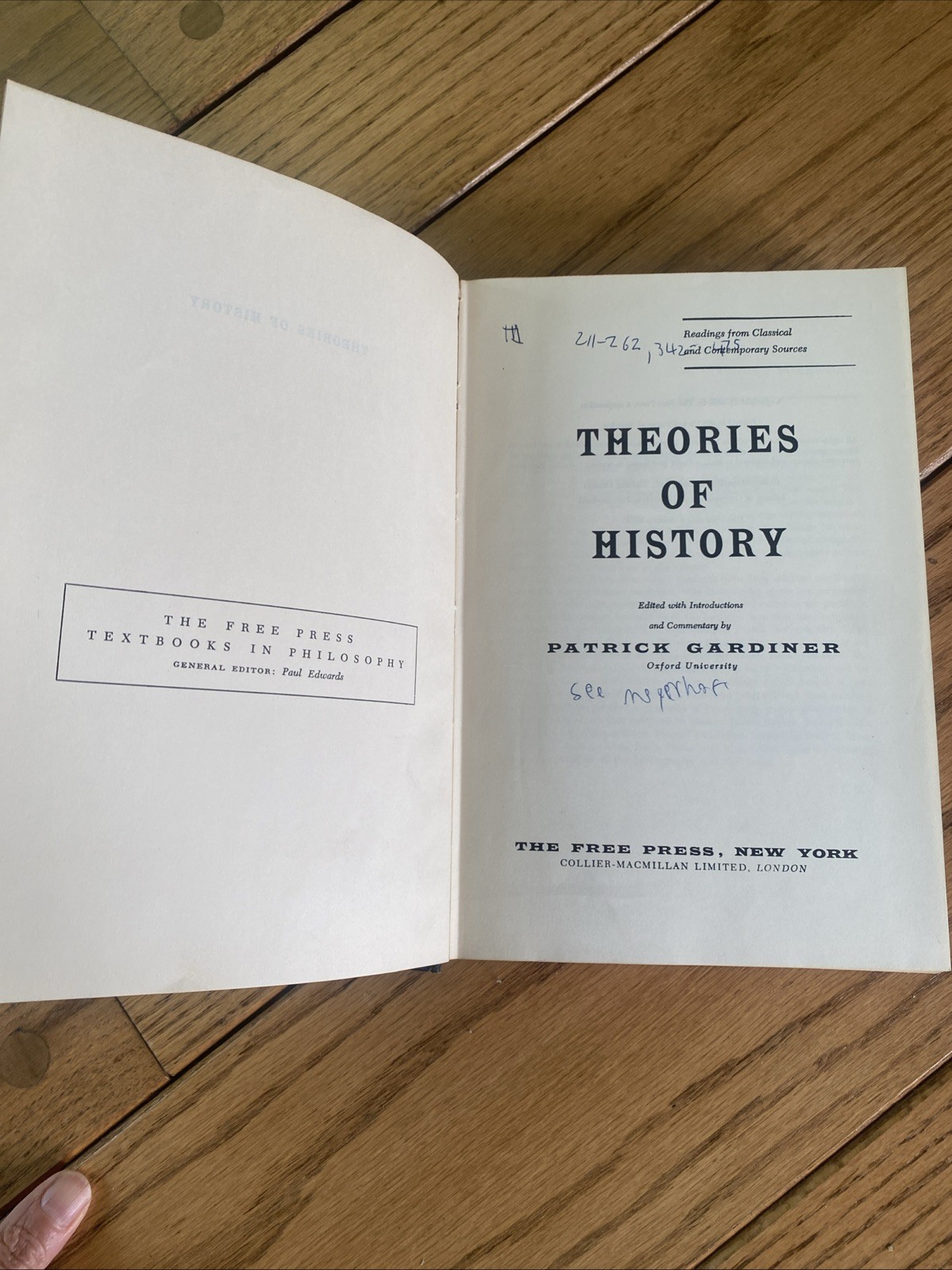 THEORIES OF HISTORY Patrick Gardiner Hardcover Book The Free Press 1959 1969