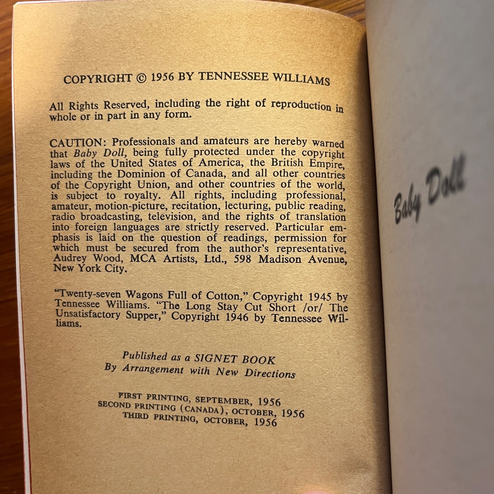 Baby Doll by Tennessee Williams; 1956 Signet Books, #S1334