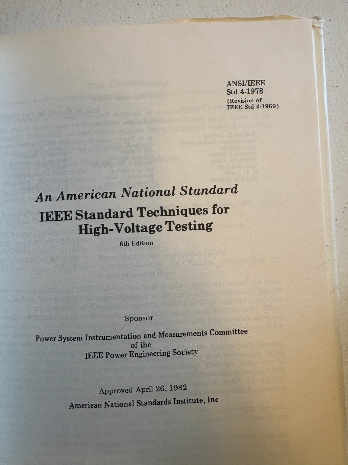 IEEE Standard Techniques for High Voltage Testing 1978 Sixth Edition Hardcover