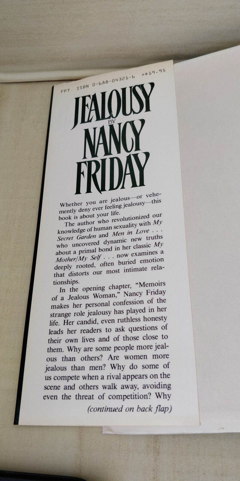 Jealousy by Nancy Friday 1st Edition 1985 Hardcover Dust Jacket