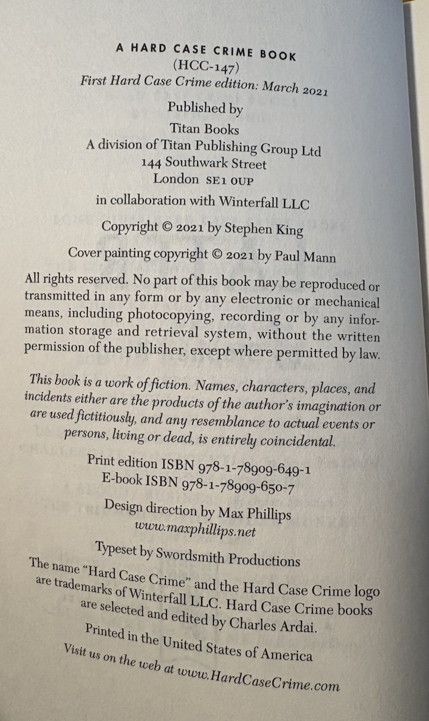 Later Stephen King 2021 Hard Case Crime 1st Edition Trade Paperback Very Good