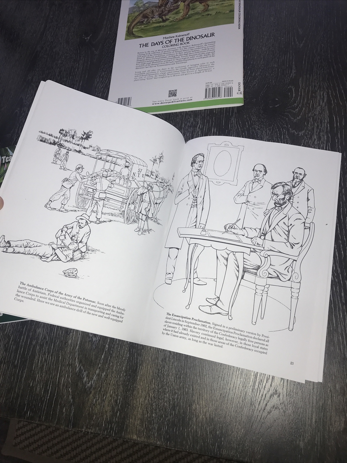 3 NEW DOVER COLORING BOOKS Days Of The Dinosaur, Endangered Animals & Civil War