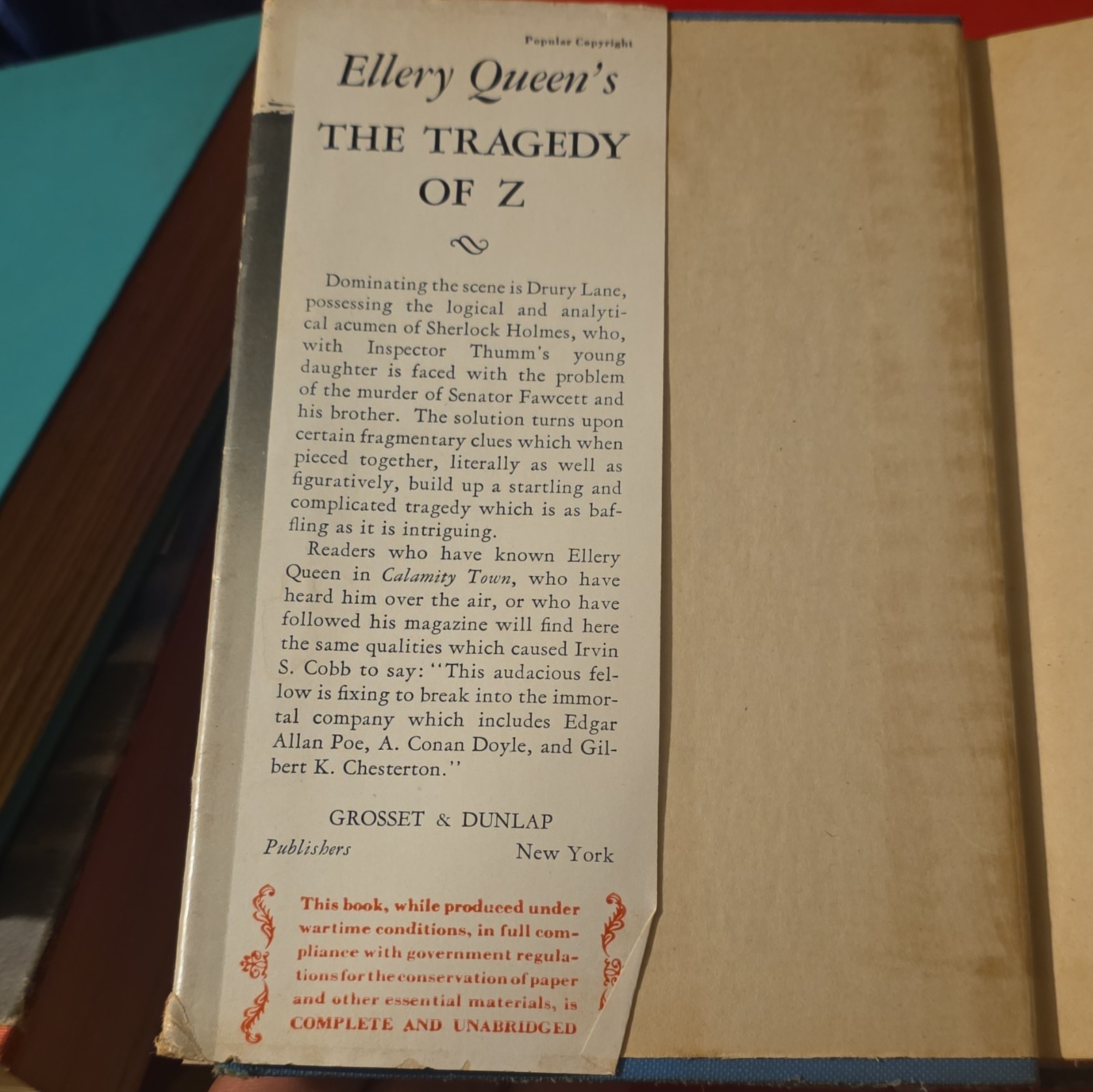 Ellery Queen The Tragedy of Z HC w/ Original Dust Jacket Grosset & Dunlap Rare
