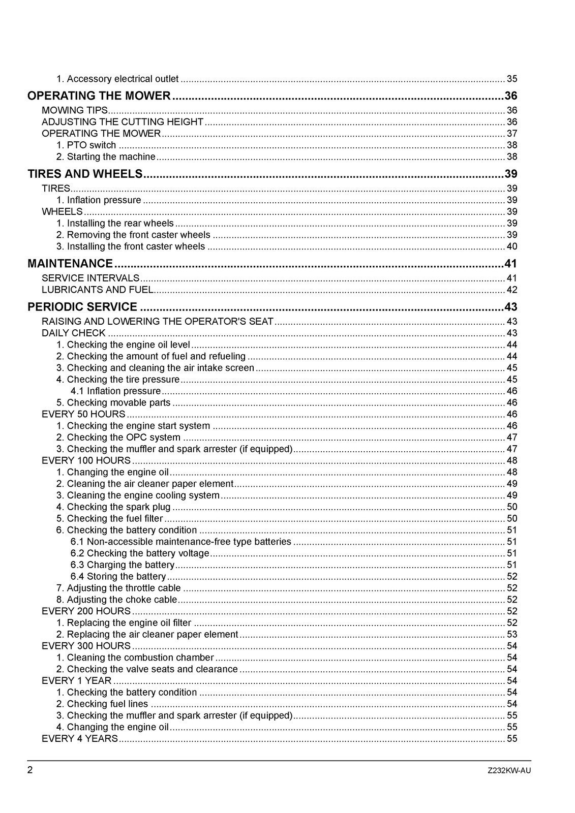 KUBOTA Z232KW-AU ZERO TURN MOWER OPERATORS MANUAL – SPIRAL BIND – TOUGH COVERING