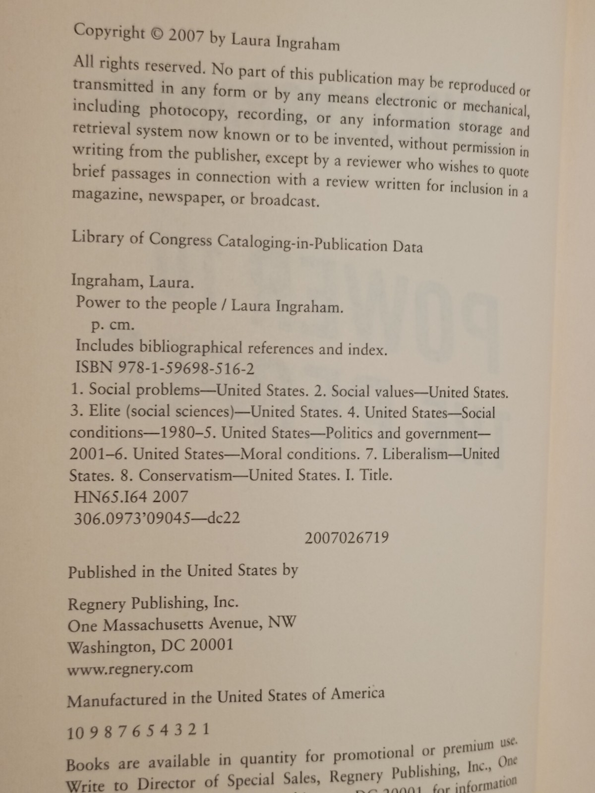 Power to the People by Laura Ingraham – 2007 Regnery Publishing 1st Hardcover