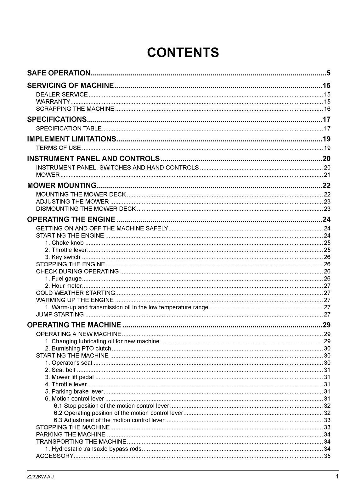 KUBOTA Z232KW-AU ZERO TURN MOWER OPERATORS MANUAL – SPIRAL BIND – TOUGH COVERING