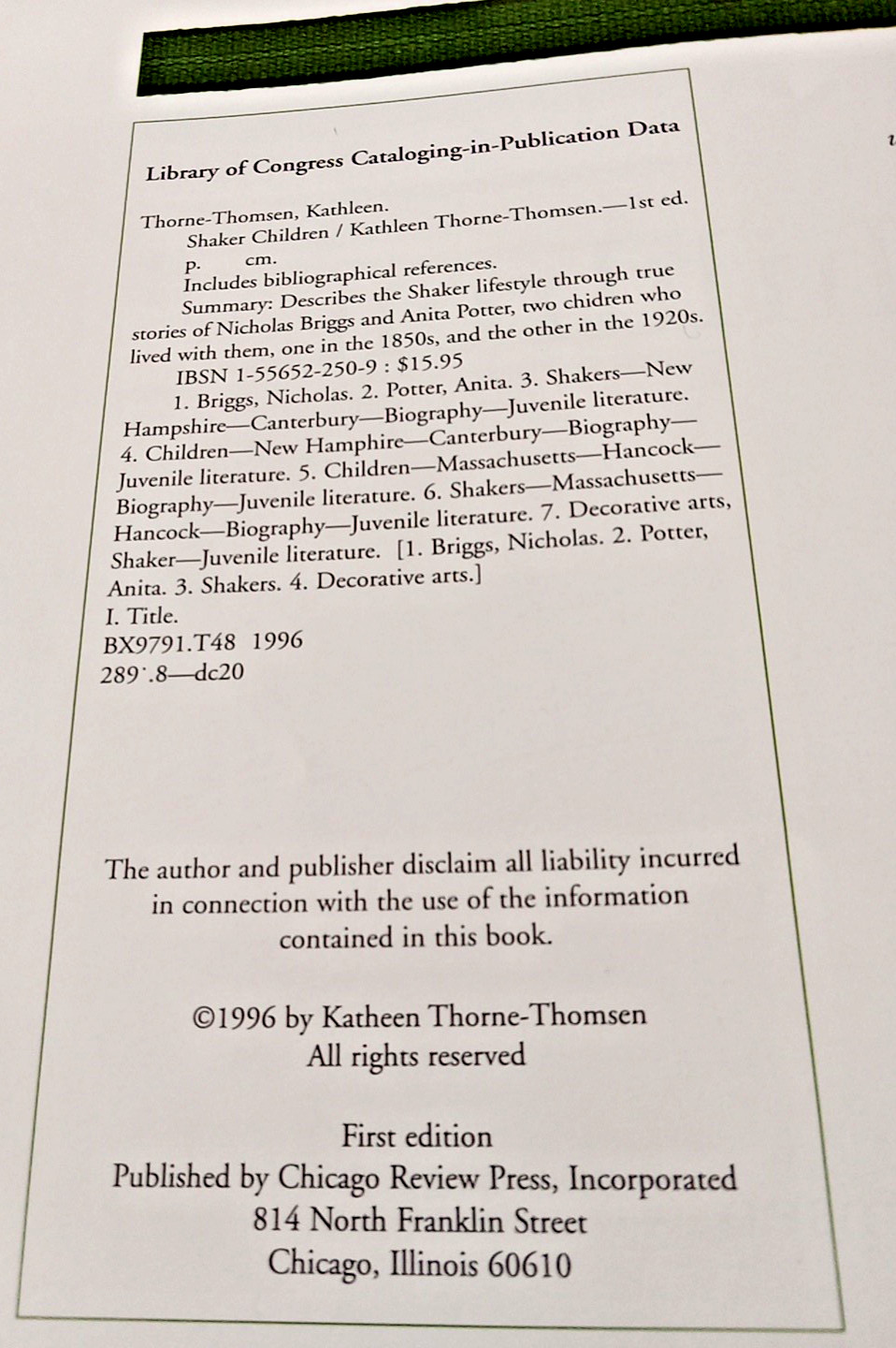 Shaker Children: True Stories and Crafts By Kathleen Thorne-Thomsen 1996 1st PB