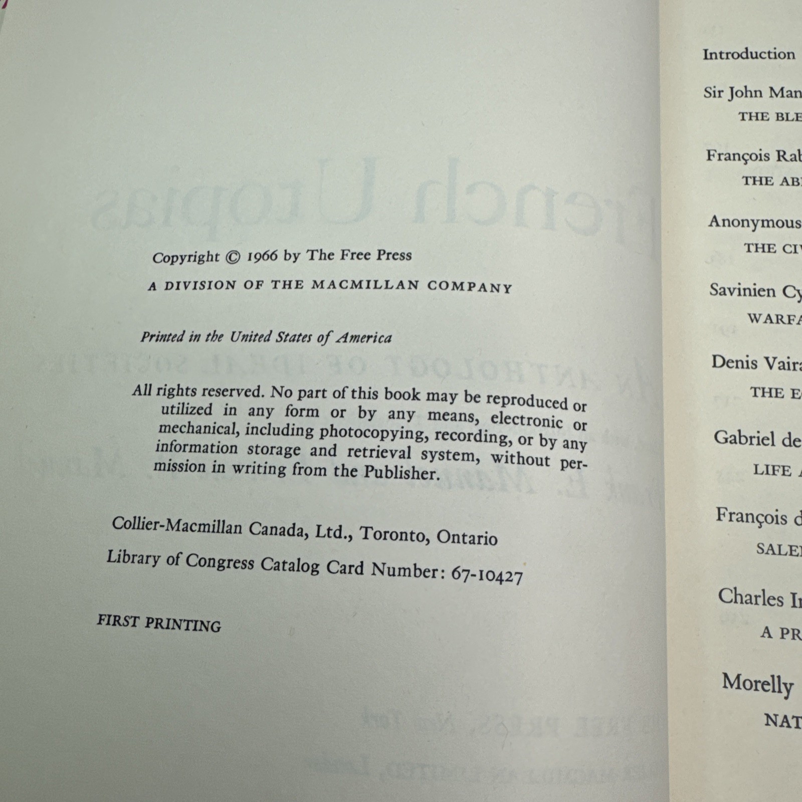 French Utopias An Anthology of Ideal Societies Hardcover 1966 The Free Press