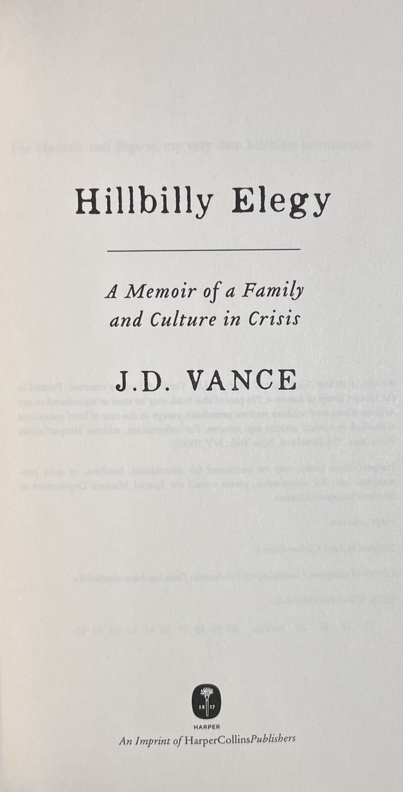 HILLBILLY ELEGY by J. D. Vance (2016, Hardcover) Later Printing