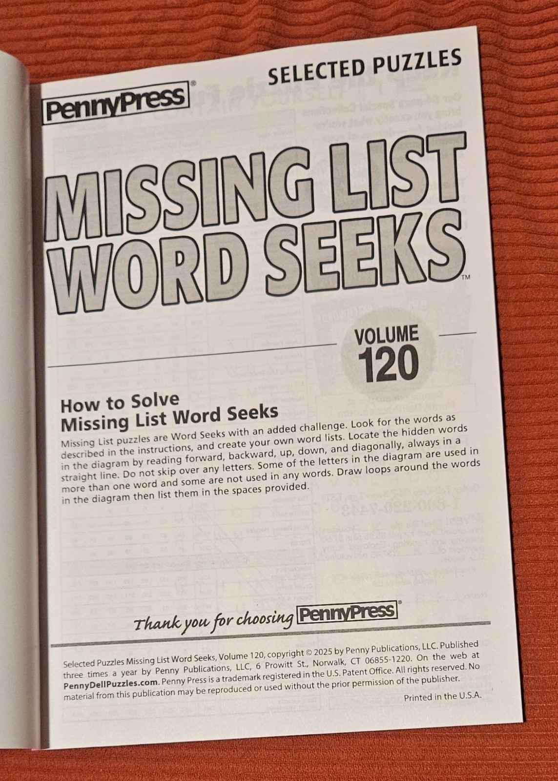 Lot of 2 Penny Press Dell Missing List Word Seeks Puzzle Books Vol 120, 121