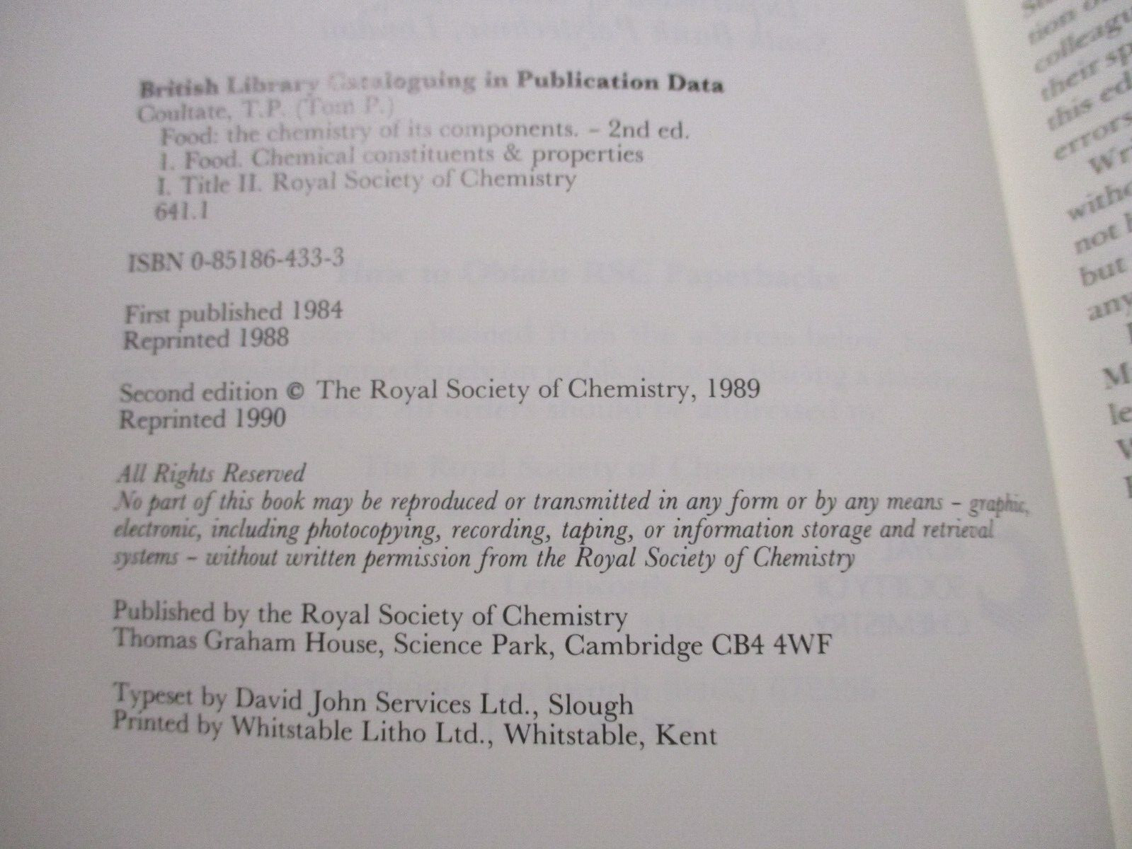 Food : The Chemistry of Its Components 2nd Ed. by T. P. Coultate SC 1990
