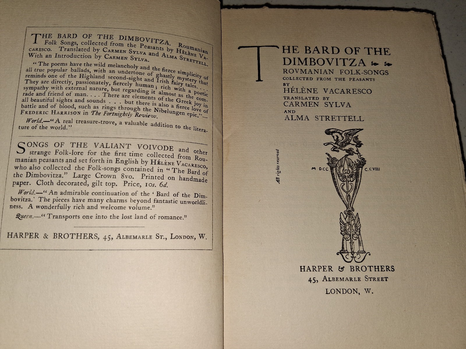 Bard of the Dimbovitza: Romanian Folk Songs Music by Vacaresco HC 1908