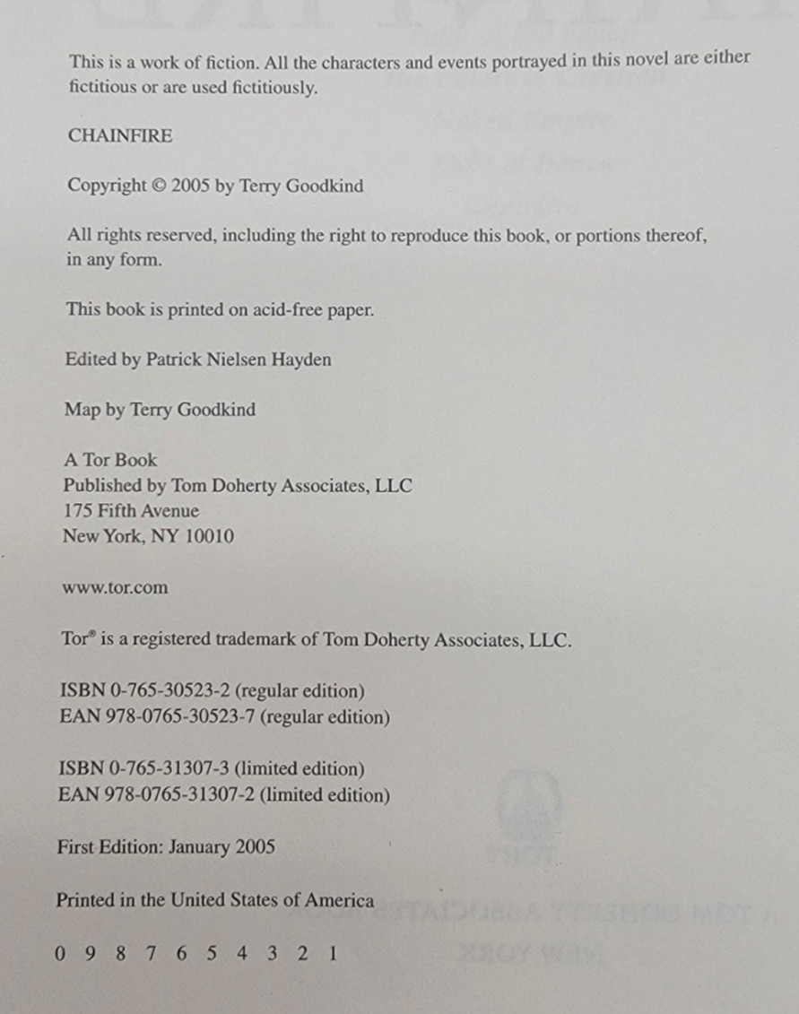 CHAINFIRE by TERRY GOODKIND – FIRST EDITION FIRST PRINTING HARD COVER