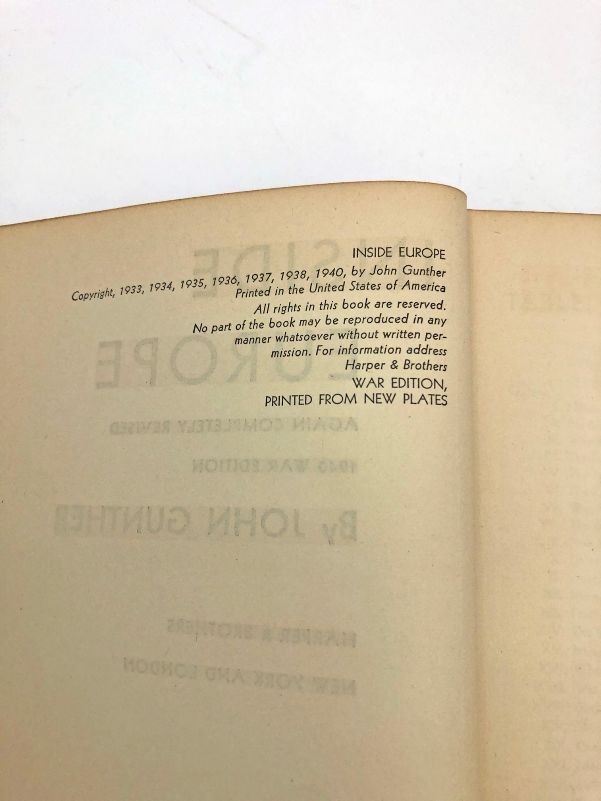 Inside Europe Hardcover 1940 War Edition John Gunther HB 606 Pages