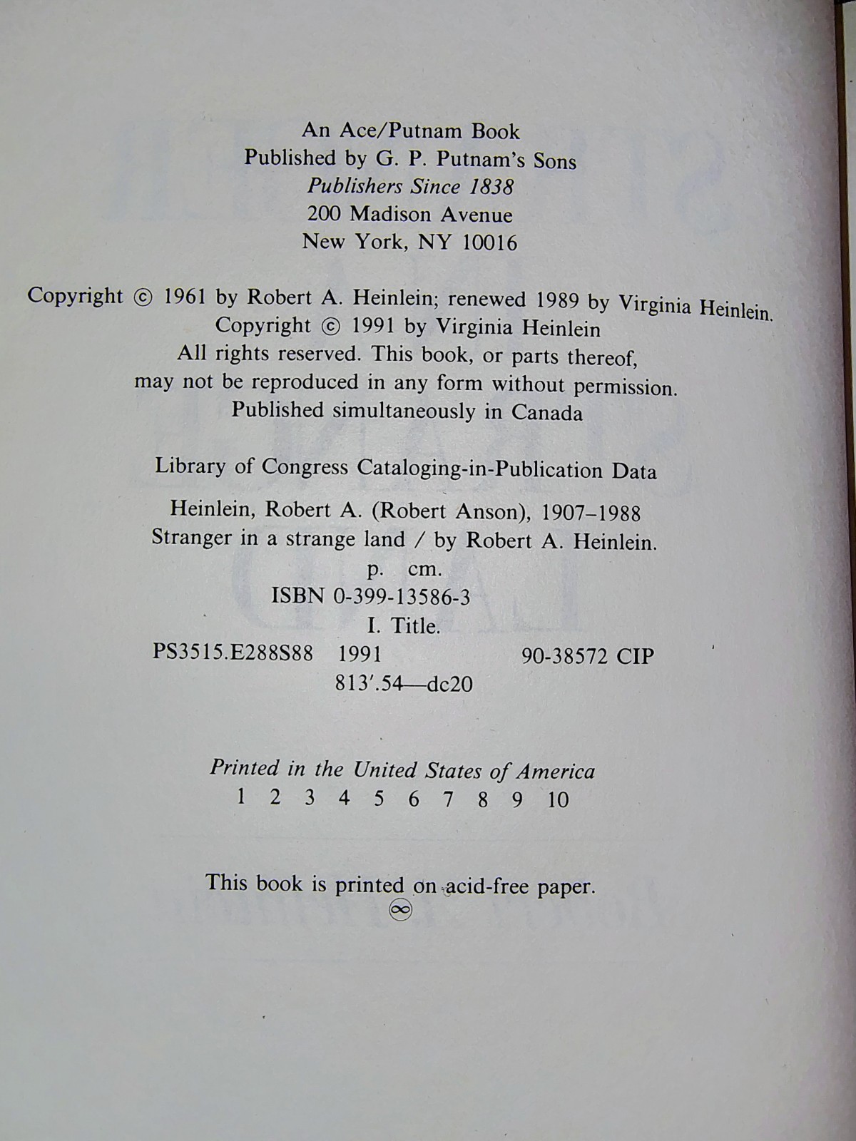 original uncut Stranger In A Strange Land By R.A. Heinlein 1991 C By V. Heinlein